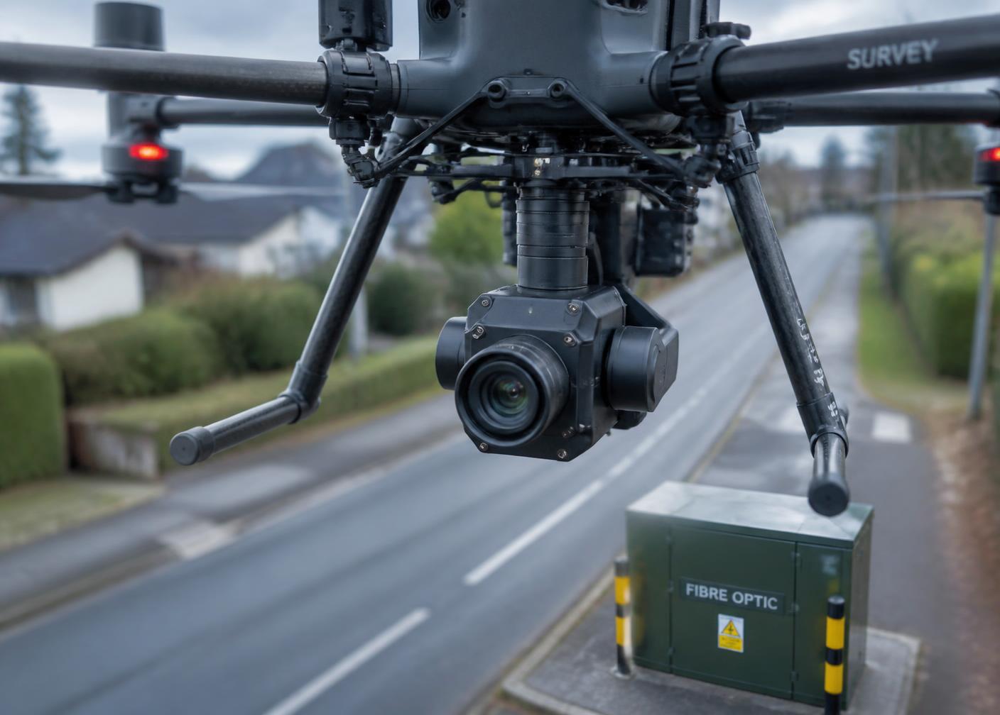 Survey-drone met camera in vlucht boven residentiële straat