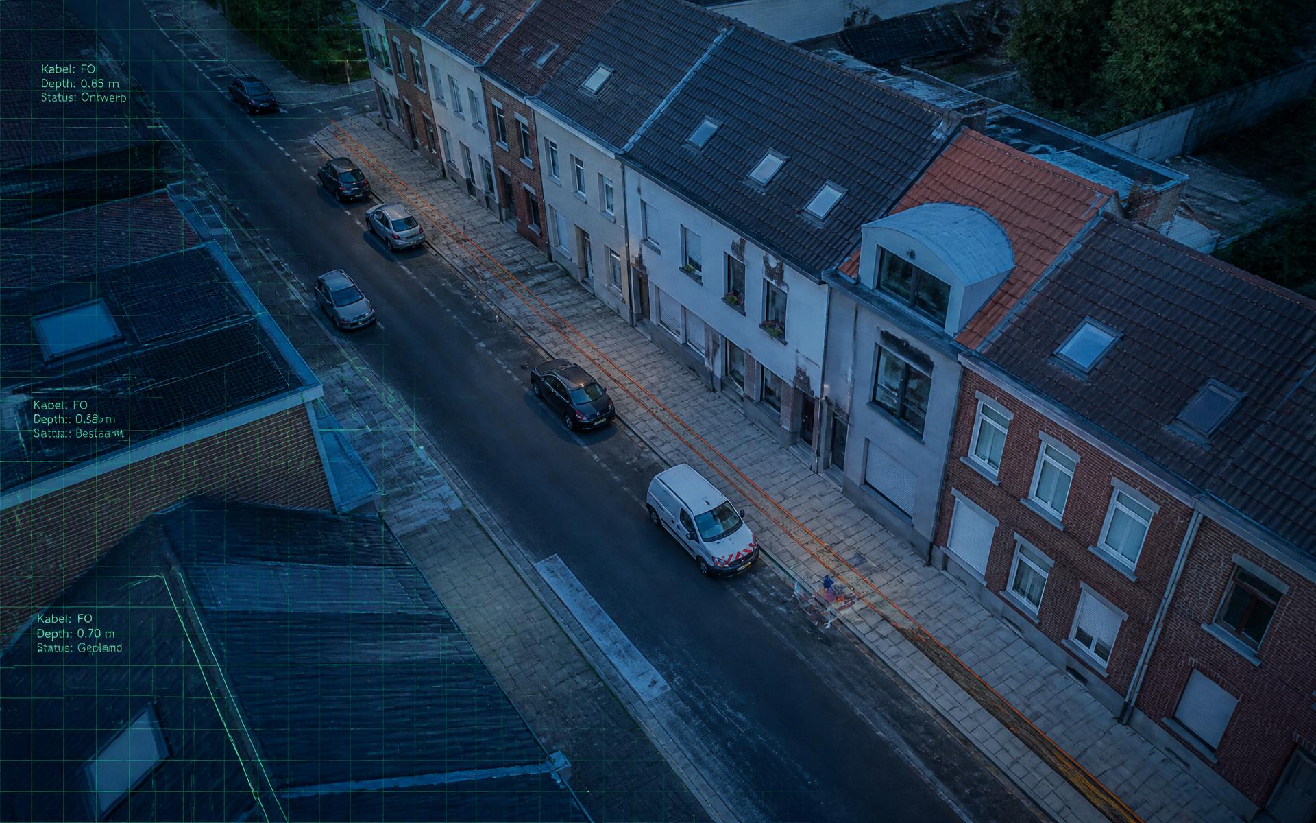 Drone-inventarisatie van een Belgische woonstraat met fiber-infrastructuur